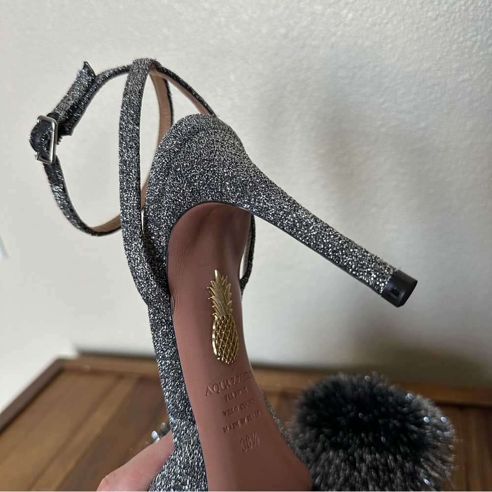 Aquazzura Firenze Silver Sparkly Metallic Powder Puff Slingback 38.5 - Picture 7 of 16